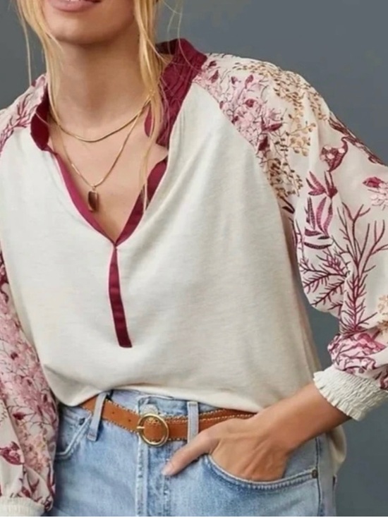 Anthropologie Tops - Anthropologie Tiny Top Women Small Embroidered Balloon Sleeve Pink Cream Smocked